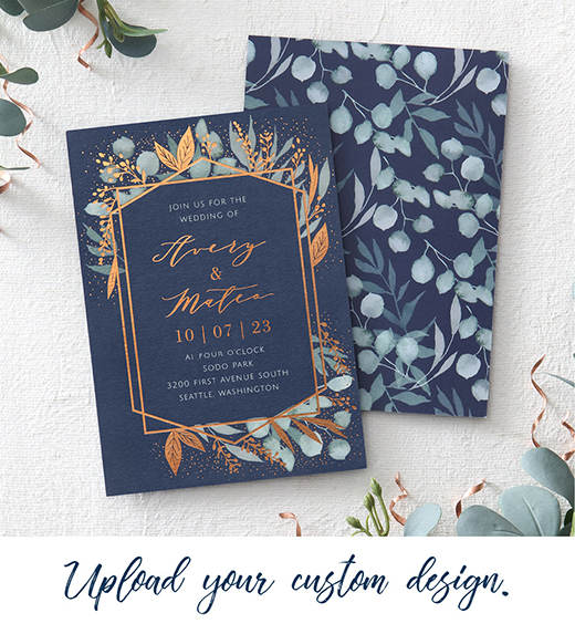 A custom printed foil wedding invitation is shown with a matching printed envelope and liner