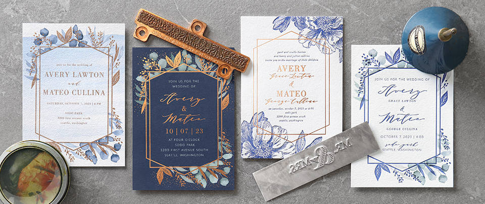 Four custom wedding invitations featuring specialty print and shown with printing press tools