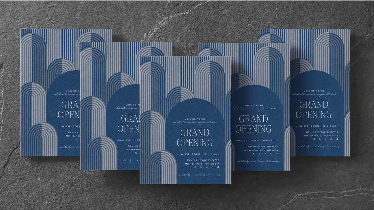 ive custom event invitations with digital printing in navy and light gray stacked in a V formation