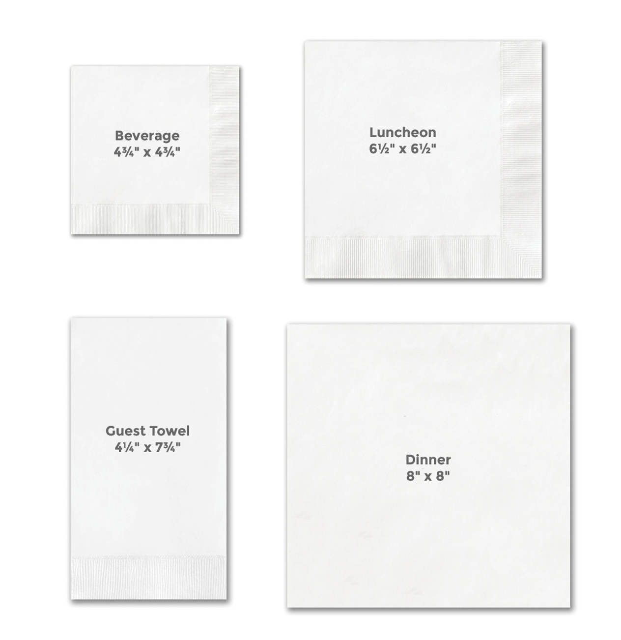 Blank wholesale napkins shown in white with sizes and product names.