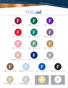 A circular swatch of every available foil color shown on one page with foil name and PMS color listed below each