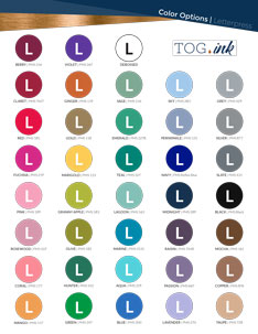 A circular swatch of every available letterpress ink color shown on one page with the name and PMS color listed below each