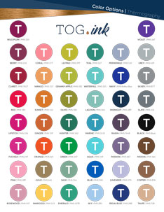A circular swatch of every available thermography ink color shown on one page with the name and PMS color listed below each
