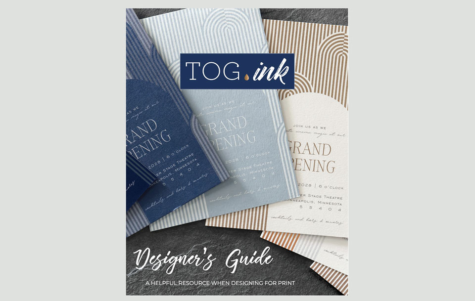 The cover of the digital TOG.ink Designer's Guide is shown featuring custom print invitations fanned out