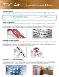 Tips for designing custom print ribbon are shown with images of ribbon to support the designer tips