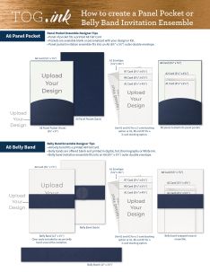 The parts and pieces of a pocket panel wedding invitation ensemble or with belly bands are shown with the product name for each
