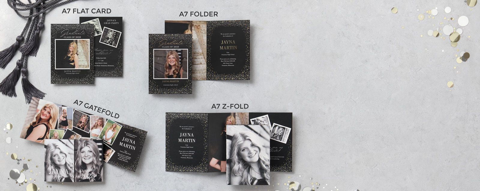 A photo graduation announcement design is shown in four ways: a Flat Card, a Folder, a Gatefold and a Z-Fold