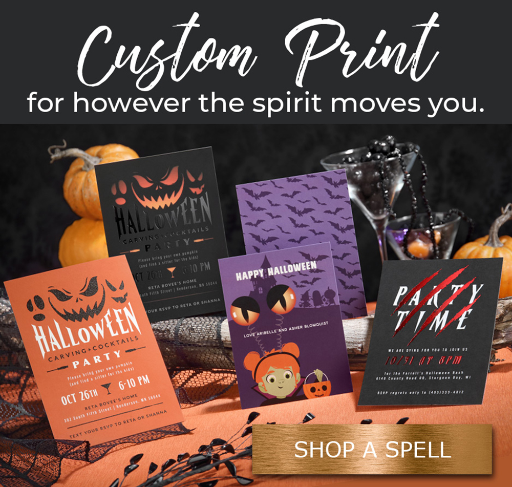 Custom Halloween party invitations featuring a variety of specialty print in a spooky arrangement.