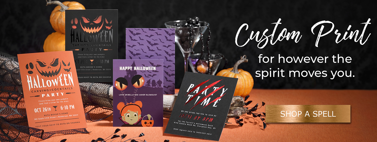 Custom Halloween party invitations featuring a variety of specialty print in a spooky arrangement.