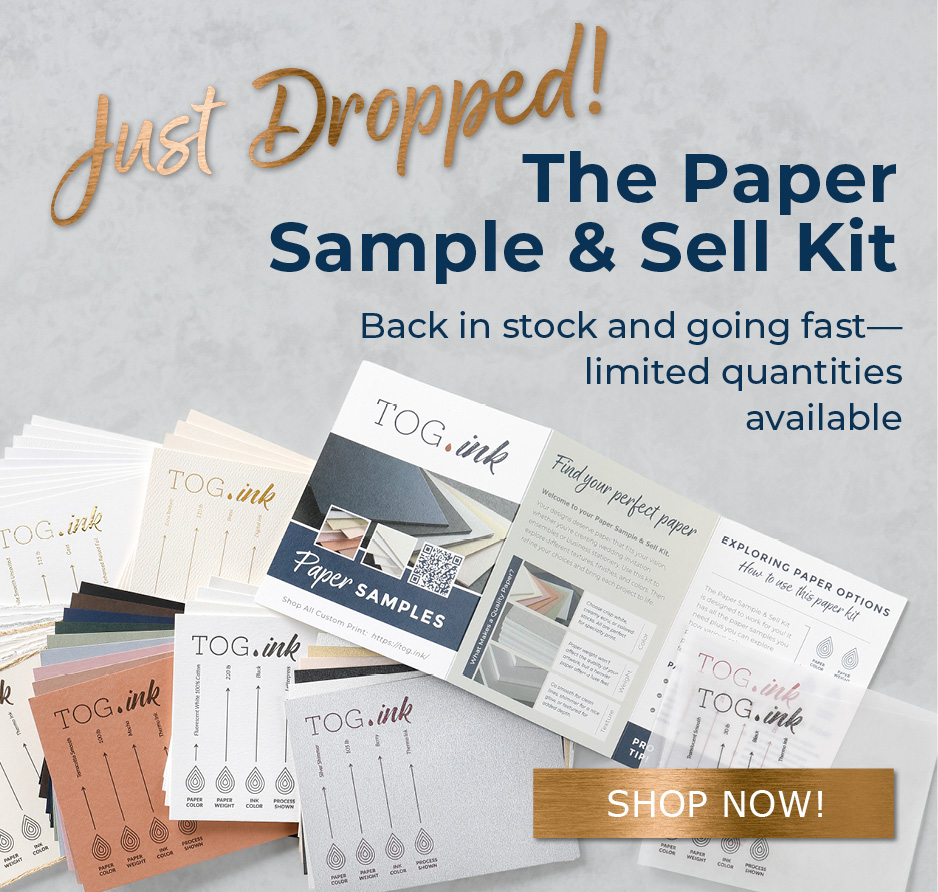 Various parts of the letterpress sample and sell kit are laid out against a grey background.