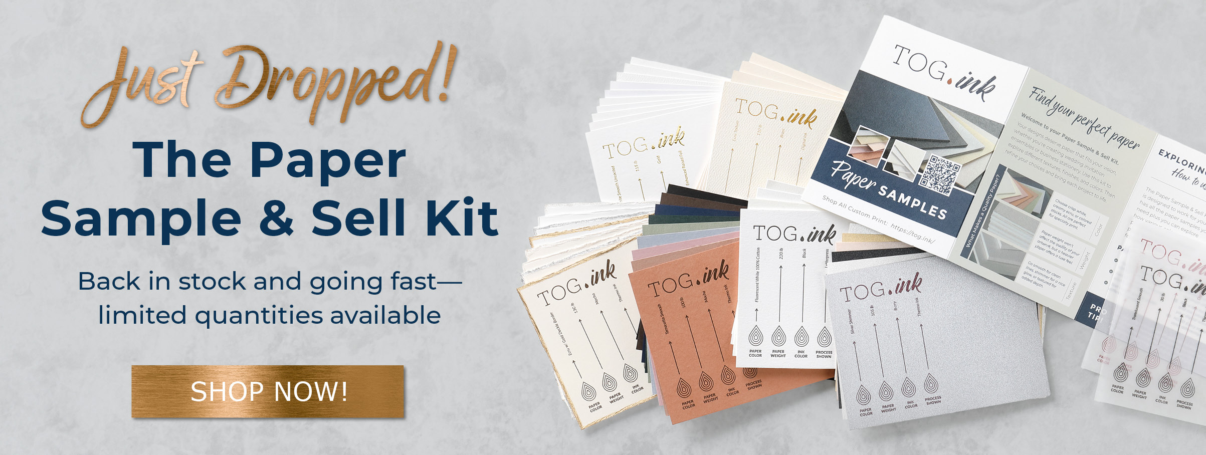 Various parts of the paper sample and sell kit are laid out against a grey background.