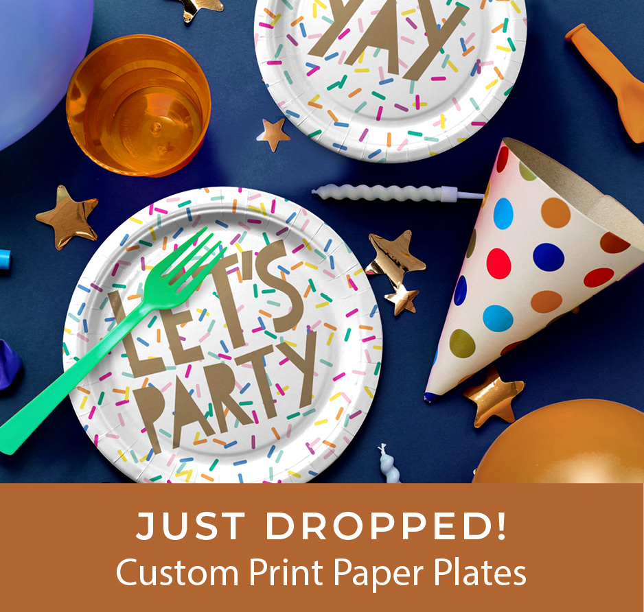 Custom print paper plates are shown with a 