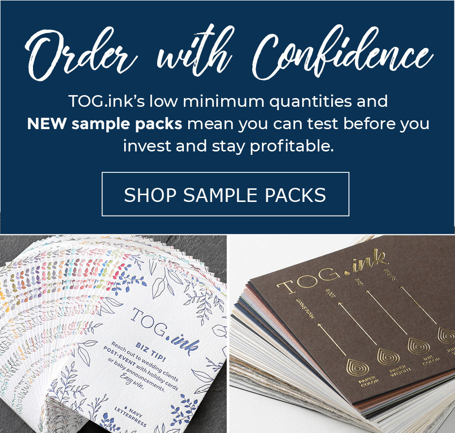 Split banner showcasing the letterpress and paper sample and sell kits.