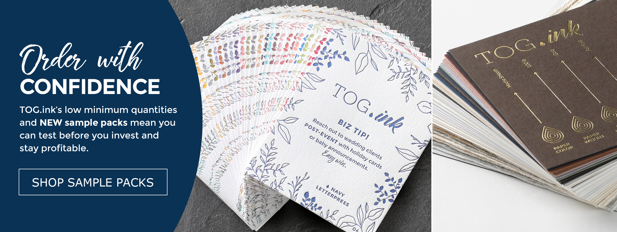 Split banner showcasing the letterpress and paper sample and sell kits.