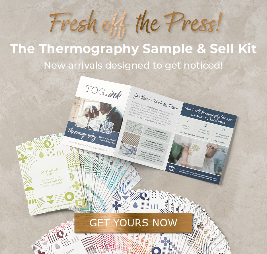 Various parts of the thermography sample and sell kit are laid out against a tan background.