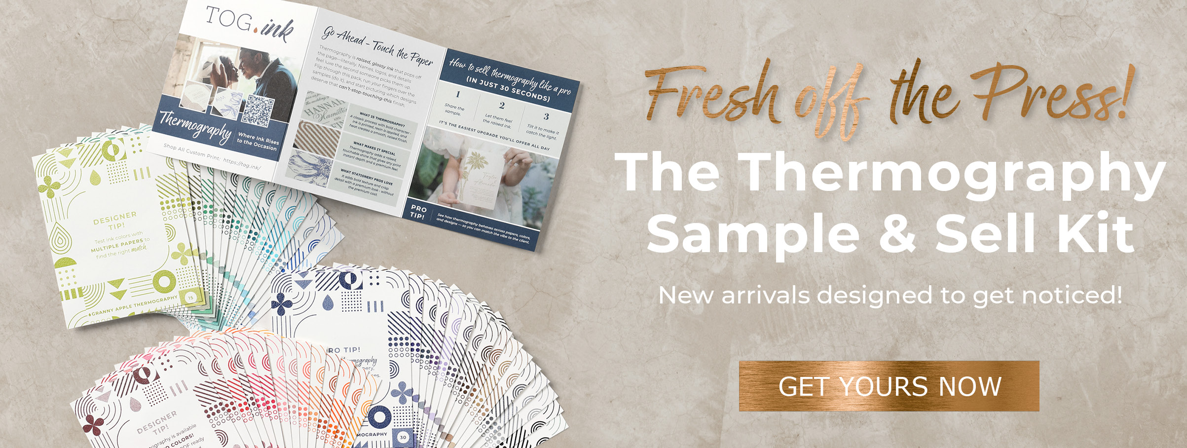 Various parts of the thermography sample and sell kit are laid out against a tan background.