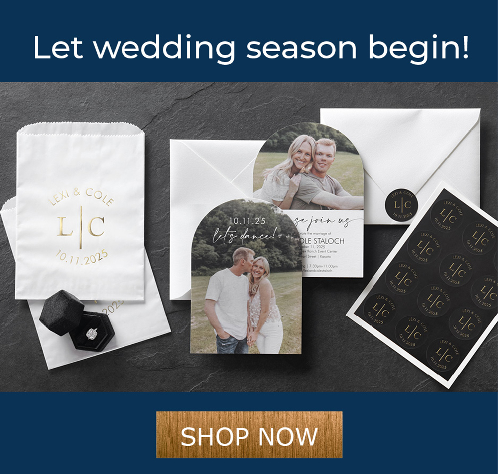 A custom wedding invitation with digital print and arch cut is shown with foil favor bags, napkins and envelope seals.