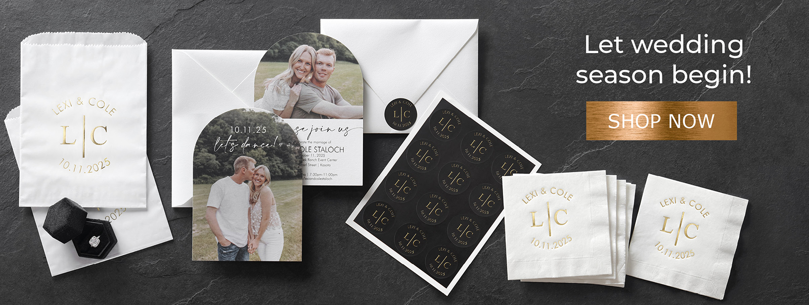 A custom wedding invitation with digital print and arch cut is shown with foil favor bags, napkins and envelope seals.