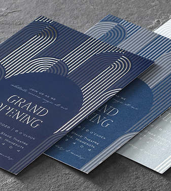 Custom invitations featuring a modern arch design in six different specialty print processes