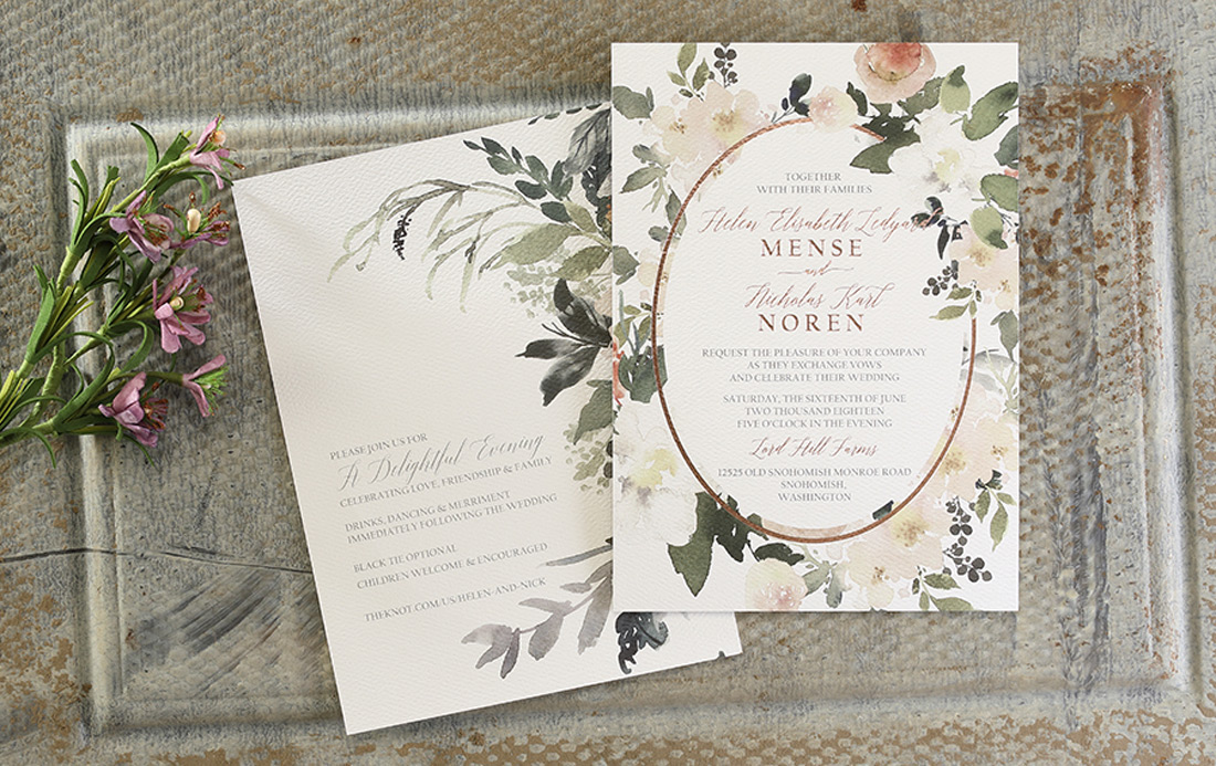 Beautiful wedding invitation with full color floral artwork in vibrant digital print. 