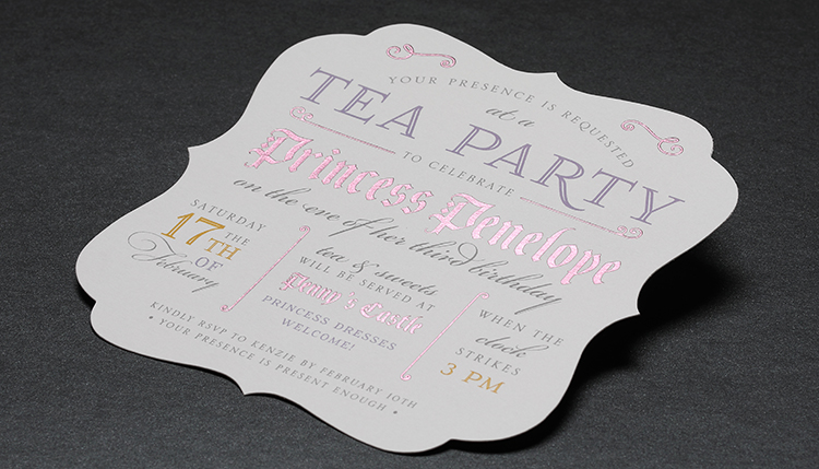 A custom invitation with accent wording in pink foil stamping. 