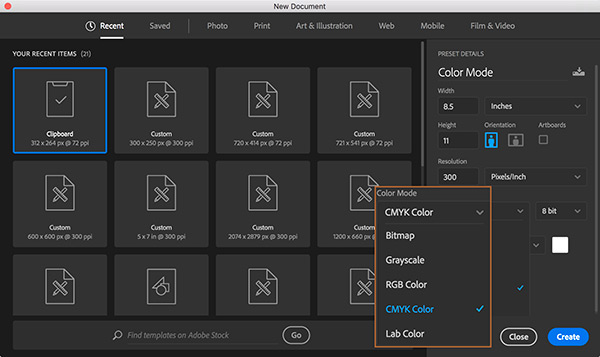 Screenshot of choosing Color Mode in InDesign. 