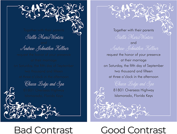 An invitation with bad color contrast compared to an invitation with good color contrast. 