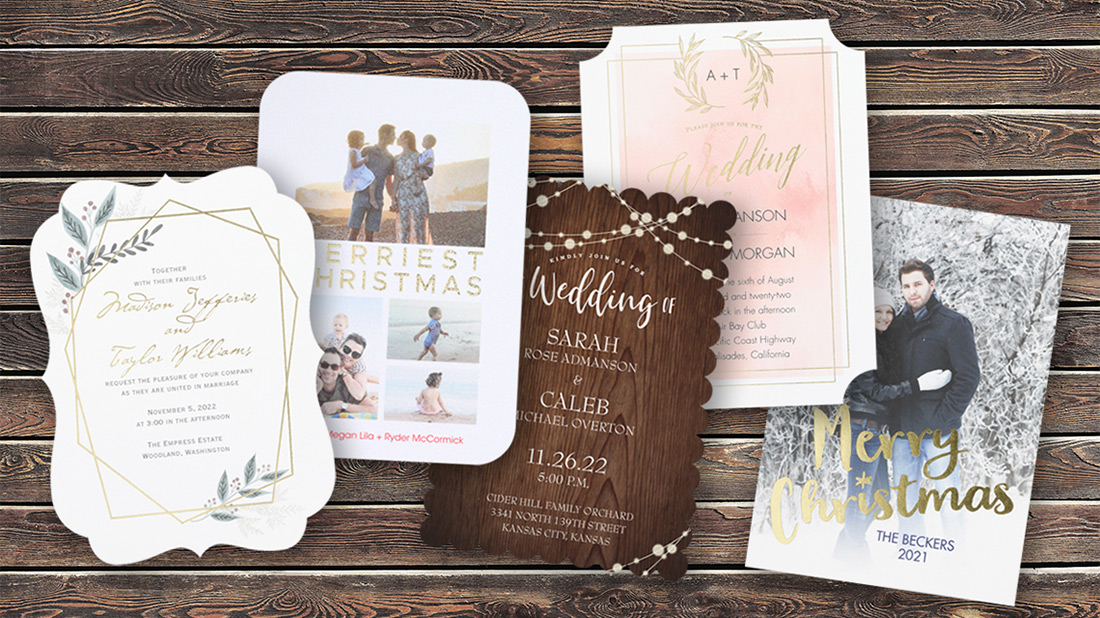 Five different event invitations shown with five different trim options.