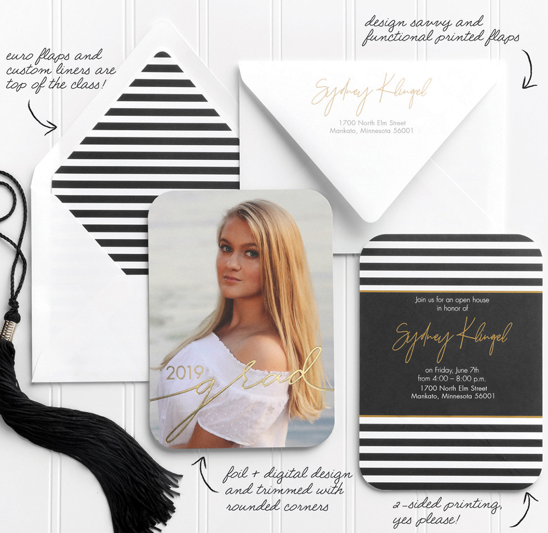 A photo graduation announcement with gold foil and black and white stripes plus coordinating envelopes. 