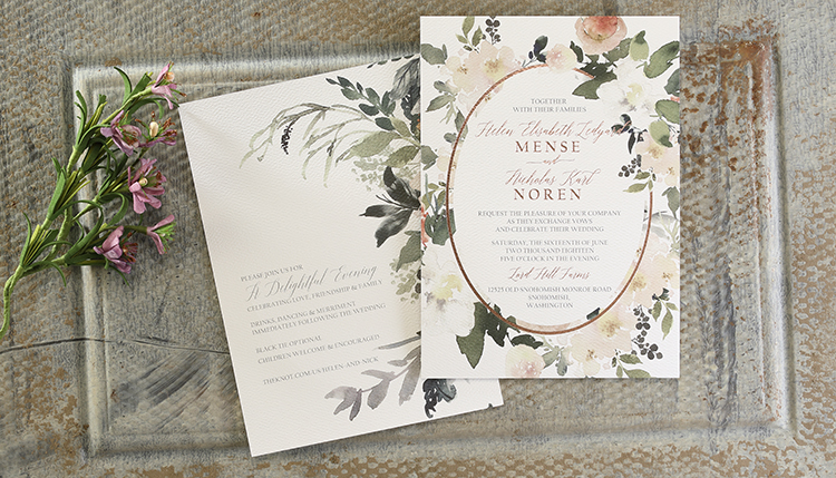 Floral wedding invitation with rose gold foil frame. 