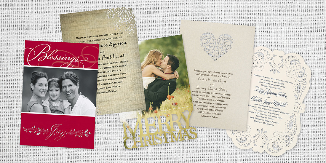 Five invitations and greeting cards shown with laser cut template designs 