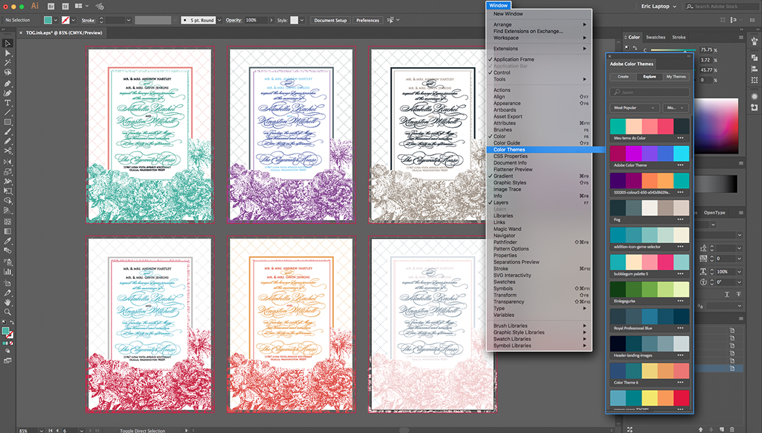 Image of using Adobe color themes in Adobe Illustrator. 