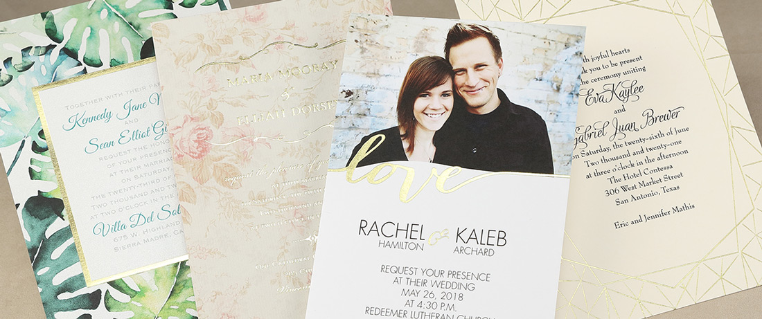 Custom print wedding invitations with digital printing and foil stamping. 