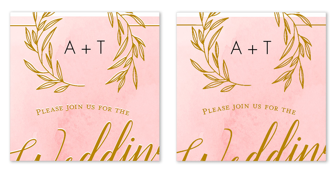 Side by side of foil wedding invitations showing poor registration and good registration. 