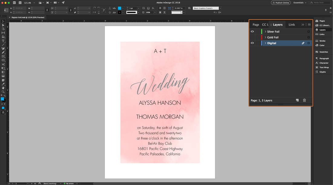 A screenshot of artwork layers in InDesign when designing a foil stamped invitation. 