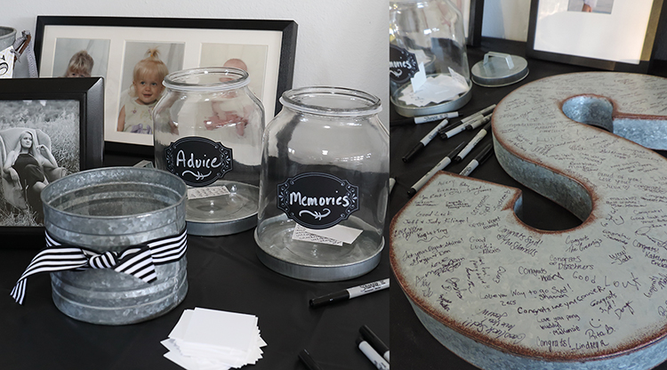 Graduation Party Table with signature letter and spots for advice and memories.