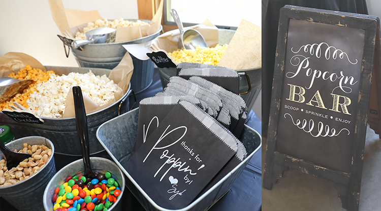 Graduation party table with treats and custom print favor bags in black and white. 