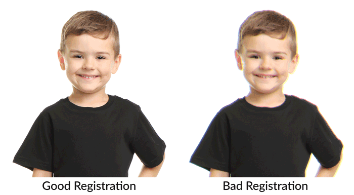 Side-by-side image of a boy's photograph with good registration vs. bad registration. 