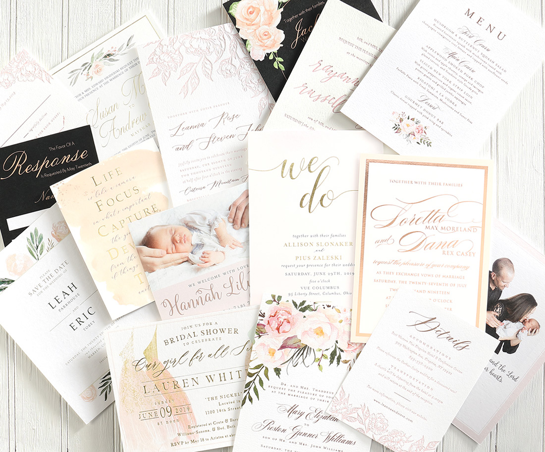 Collage of custom print event invitations with full color printing, foil stamping and more.