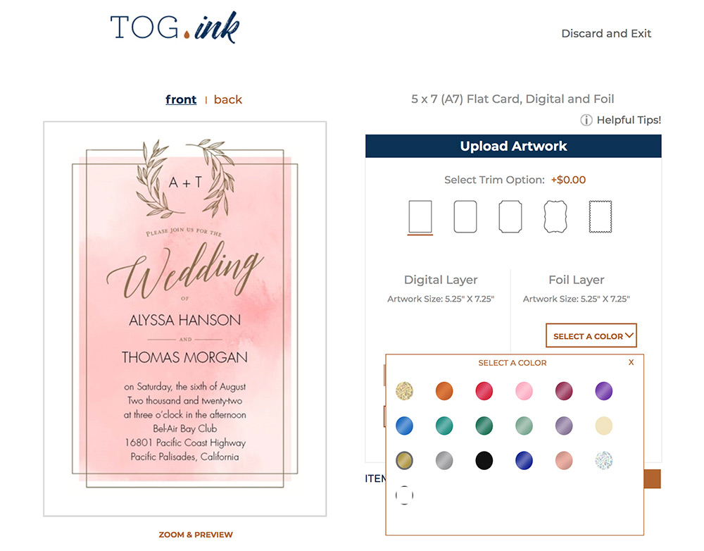 Screenshot of uploading foil artwork to TOG.ink and choosing the foil color. 