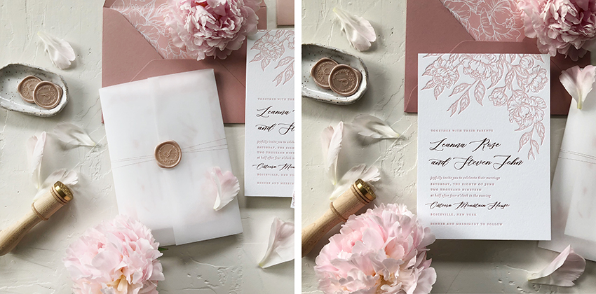 A wedding wedding invitation with vellum wrap and gold wax seal. 