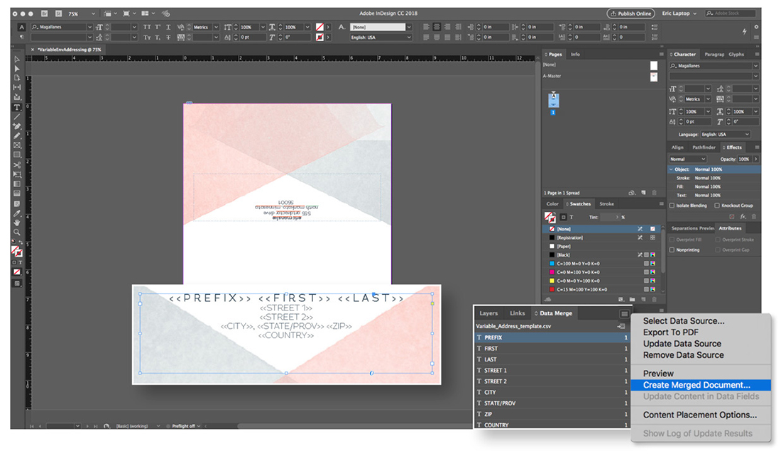 Screenshot of creating a merged document in InDesign. 