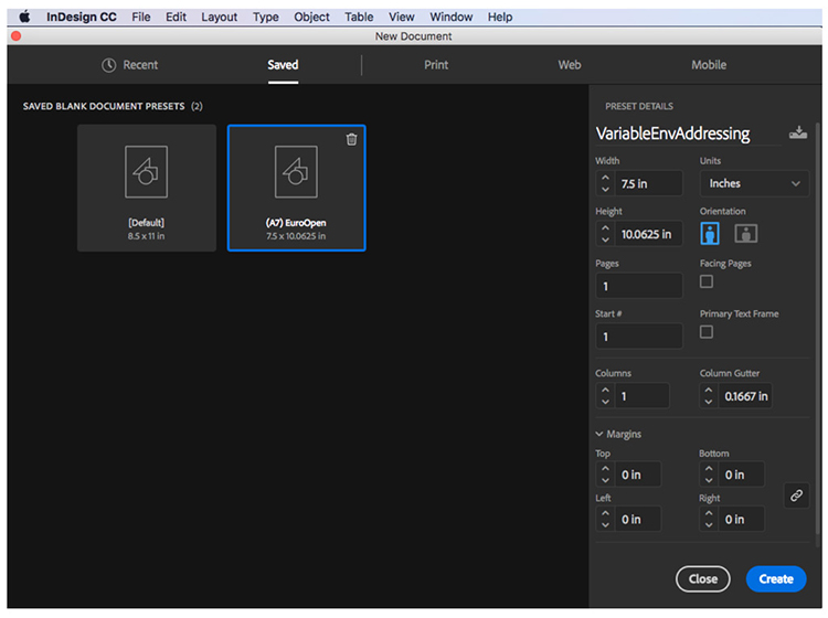 Screenshot of creating a new InDesign document to size.