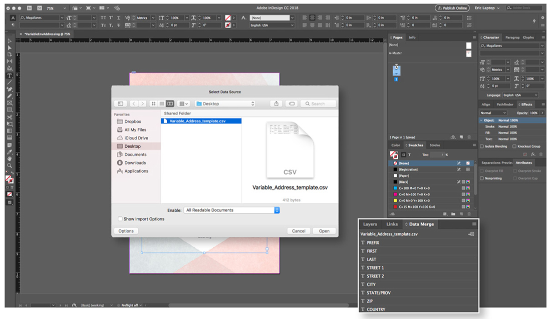 Screenshot of checking that the data has populated in InDesign. 