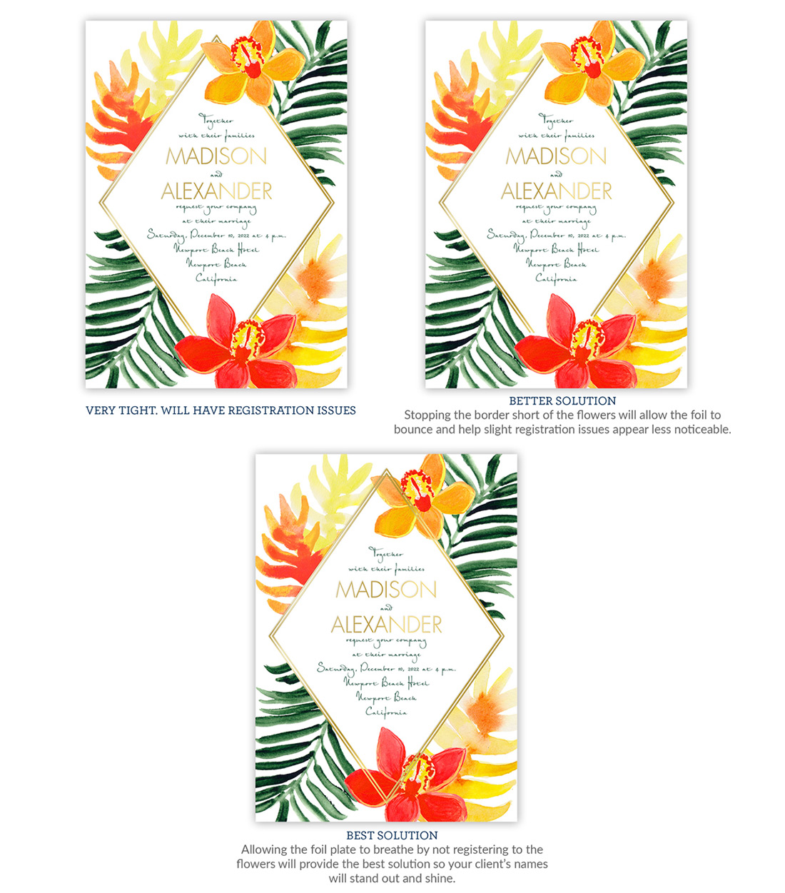 Images of tropical invitation with slim foil border too close to the edge of a digitally printed element.