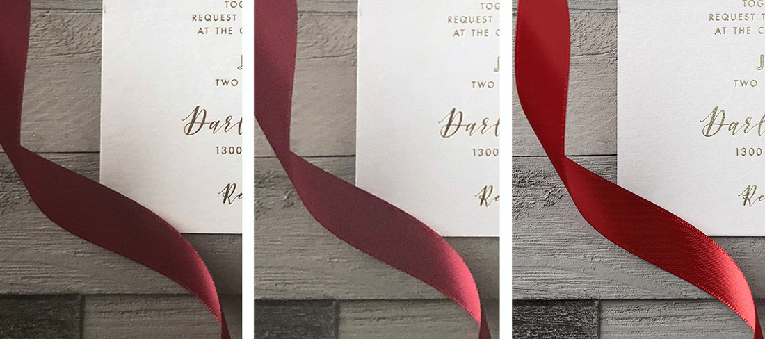 Image comparison of product closeup with ribbon. 