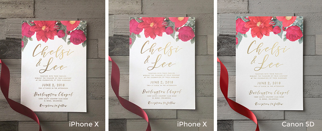 Two invitation images taken with iPhone X compared to one image taken with Canon SD.
