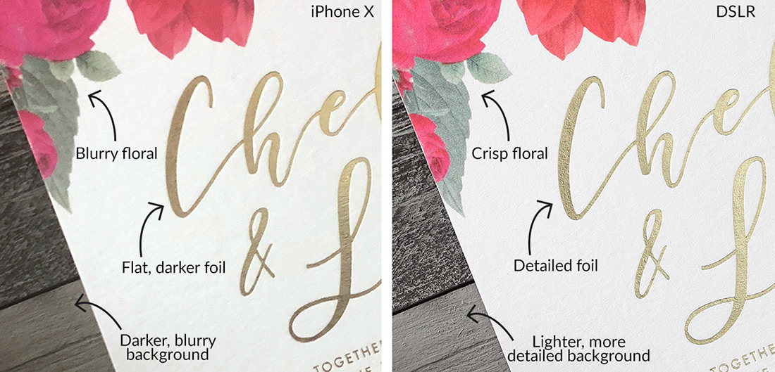 A side-by-side of digital and foil stamping photographed with a phone vs. a DSLR. 