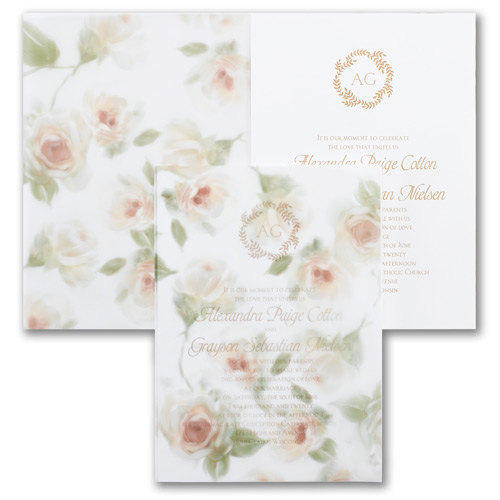 Wedding invitation with translucent vellum wrap featuring pink roses in digital print. 
