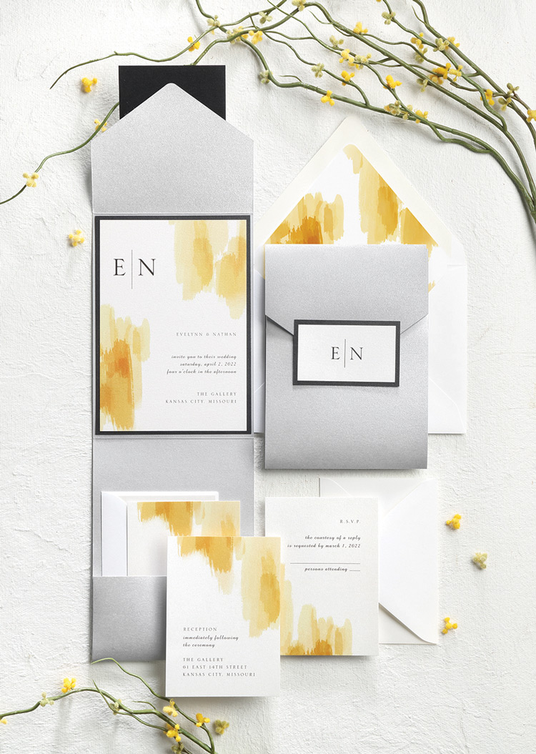 A pocket wedding invitation suite using the 2021 colors of the year: gray and yellow
